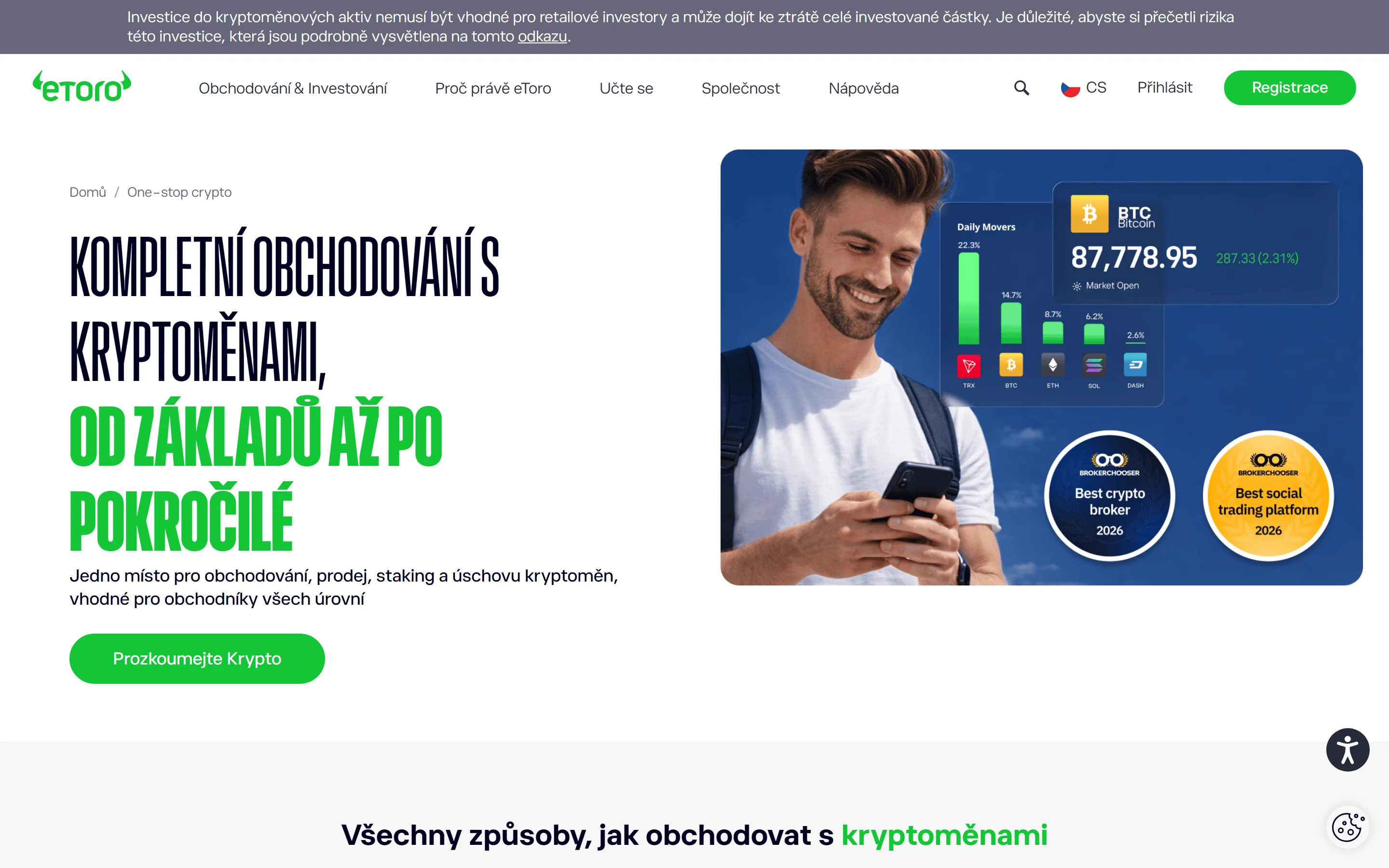 Reálné kryptoměny na eToro – nabídka BTC, ETH a 170+ coinů