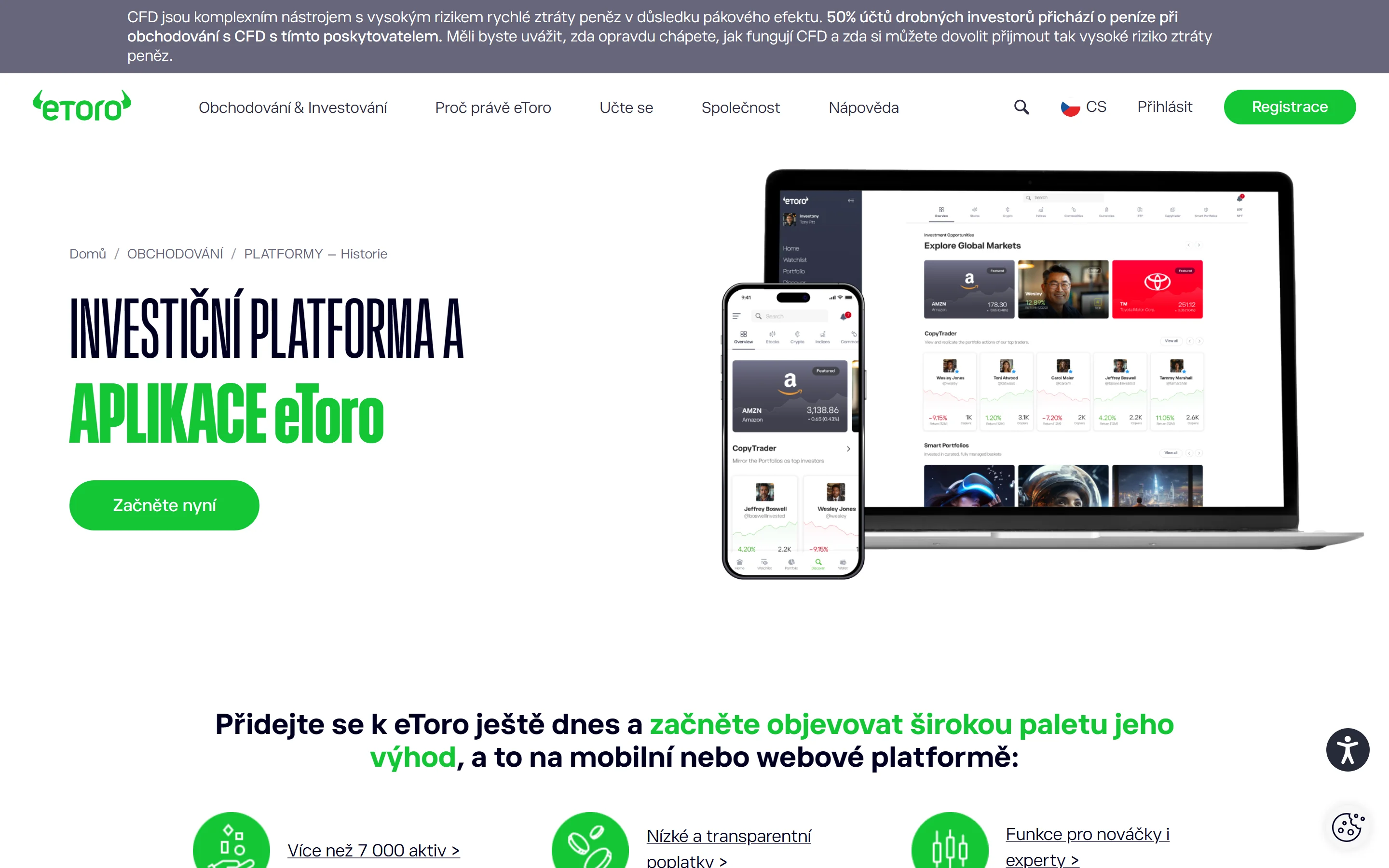 Obchodní platforma eToro – webové rozhraní a mobilní aplikace