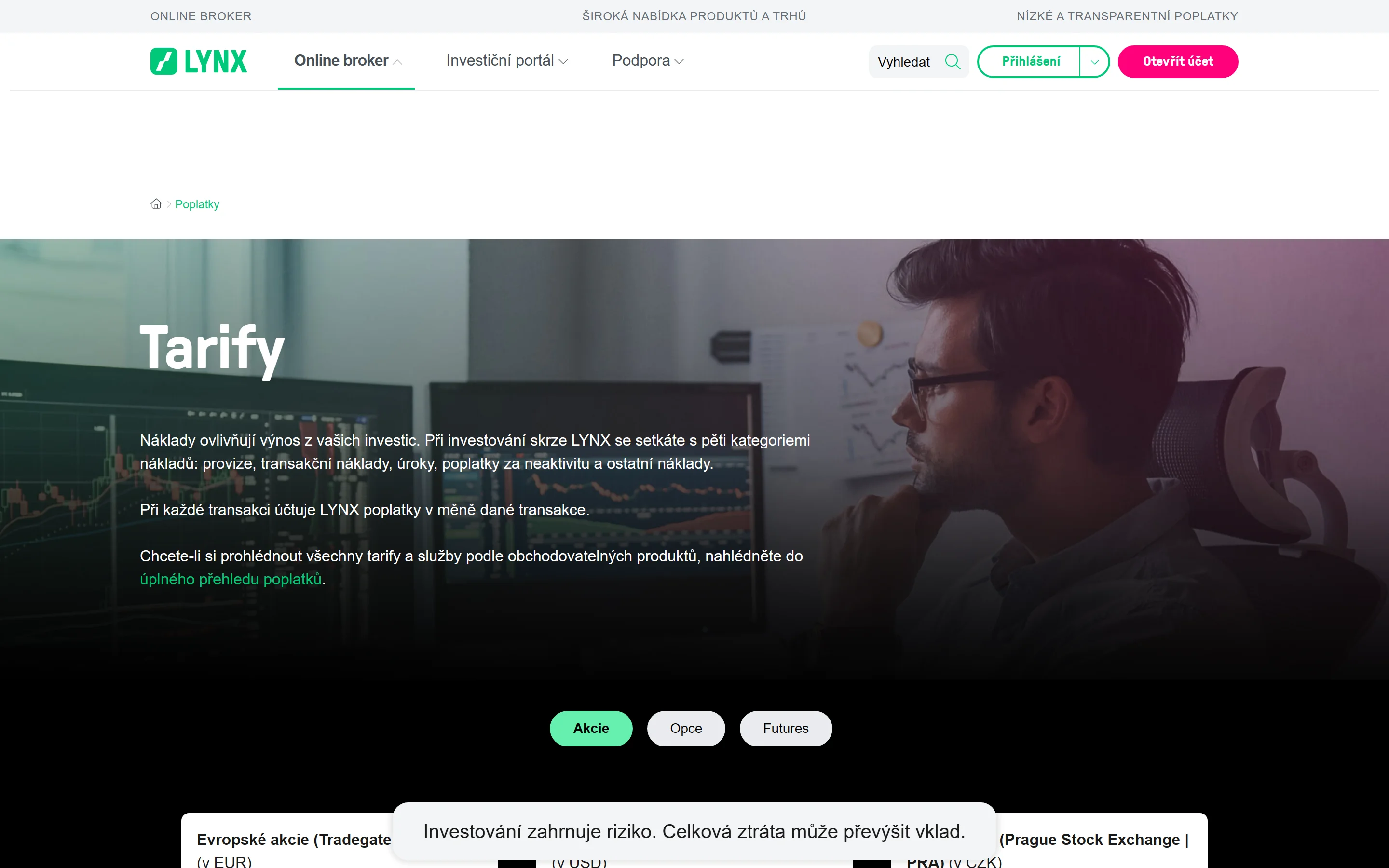 Přehled poplatků LYNX – komise za akcie, ETF a opce