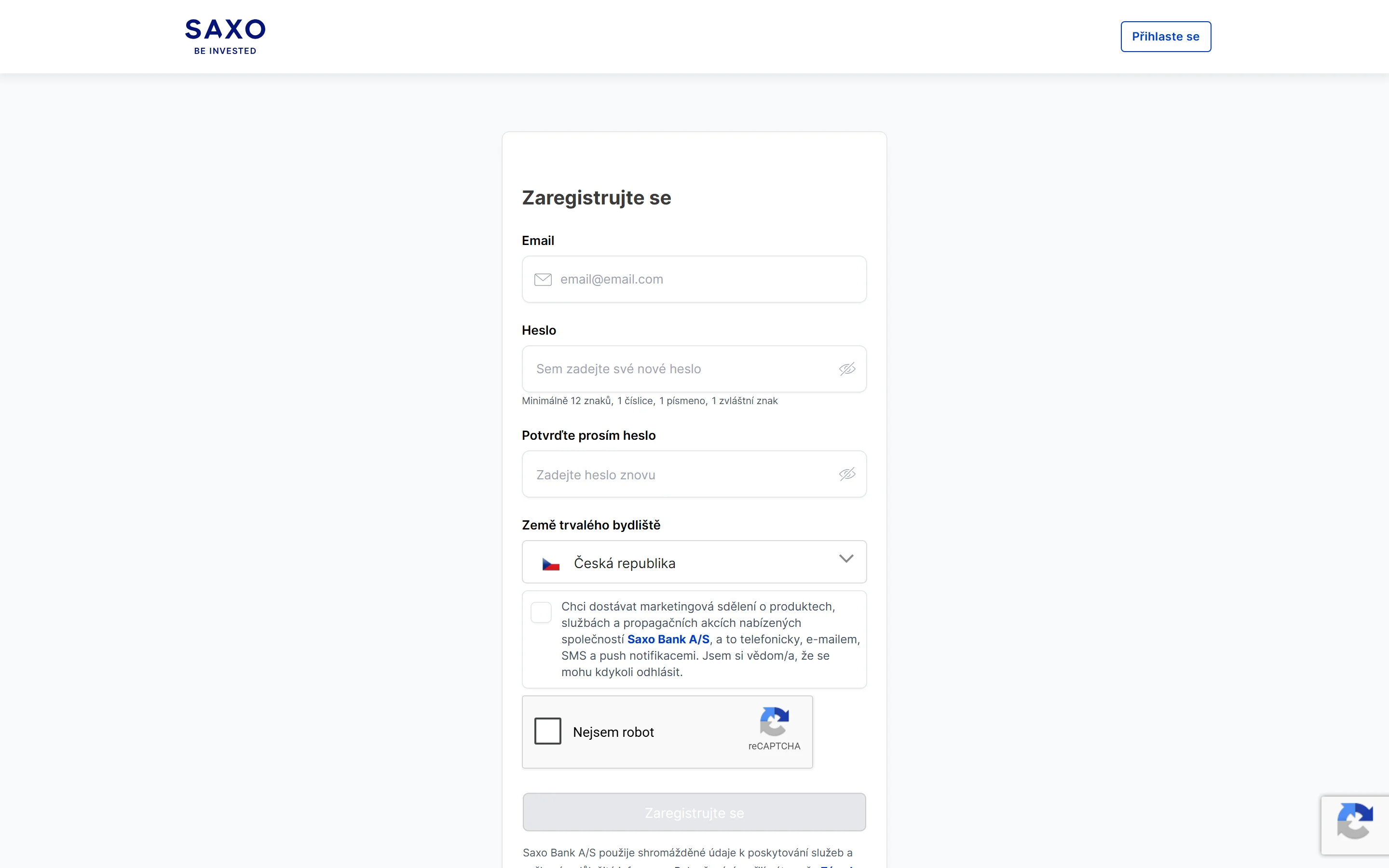 Registračný formulár Saxo Bank – otvorenie účtu online