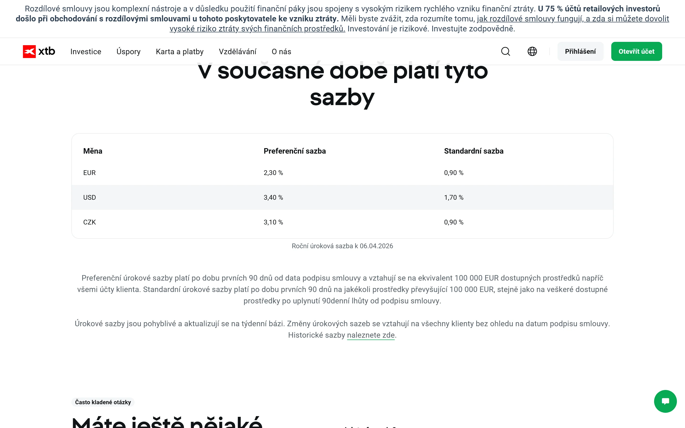 Úročenie neinvestovaných prostriedkov XTB – CZK, EUR, USD sadzby